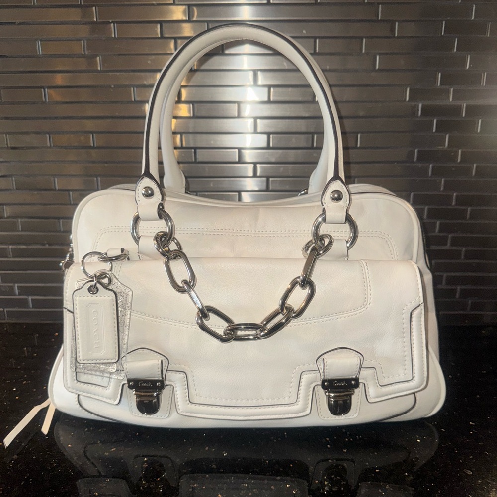 COACH White Leather Satchel with Silver Chain and Hardware and 2 Coach Hangtags